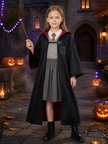 Kids' Wizard Halloween Costume Set with Hooded Robe, Vest, Skirt and Wand Costume Accessories detail 2