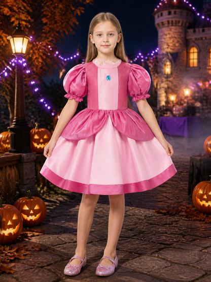 Girls Peach Princess Costume Dress, Puffy Sleeves Ball Gown Halloween Cosplay Costume Dresses detail 2