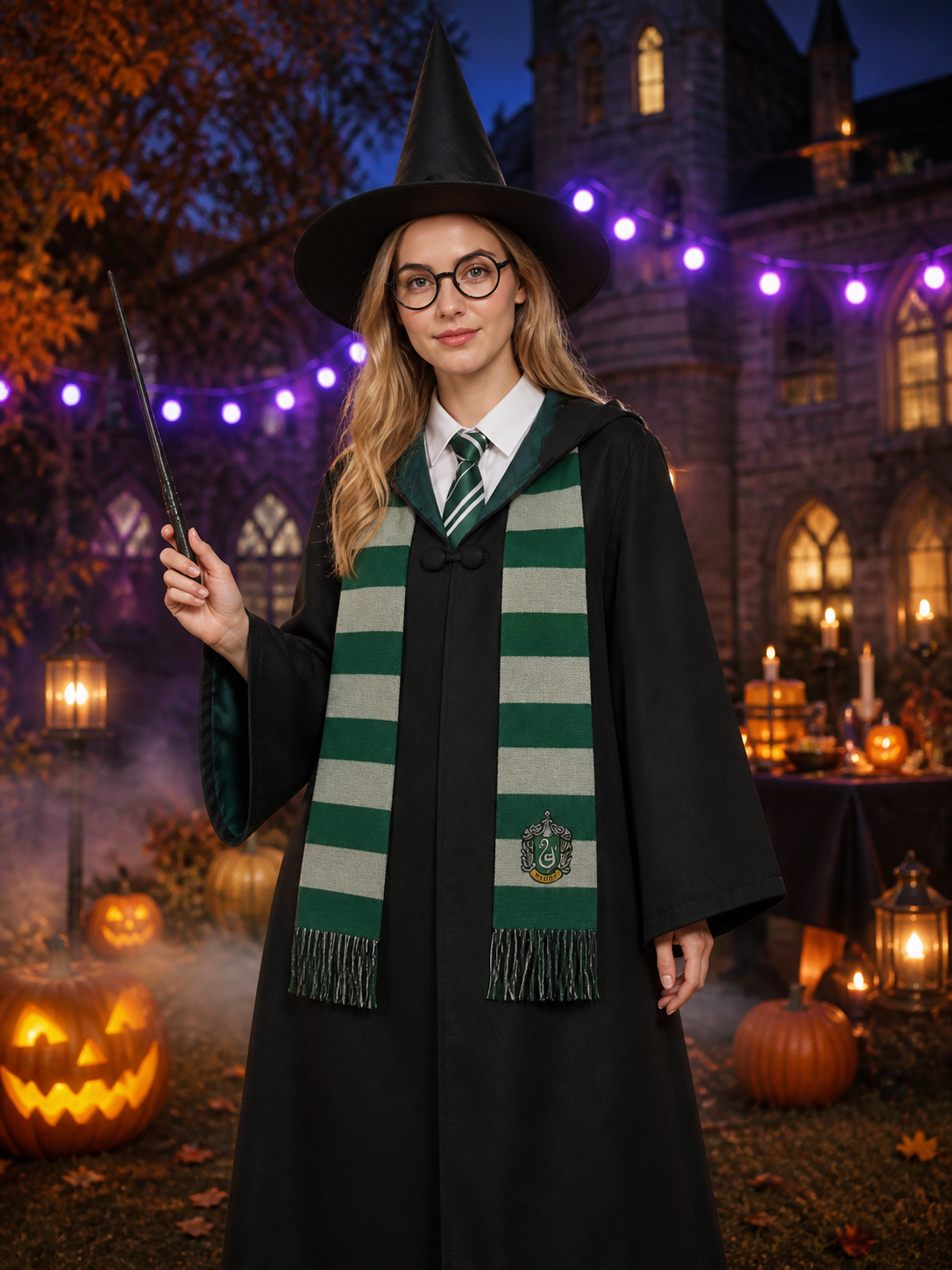 Black and Green Wizard Costume Set with Robe, Hat, Glasses, Wand, Scarf, Shirt Costume Headwear detail 2