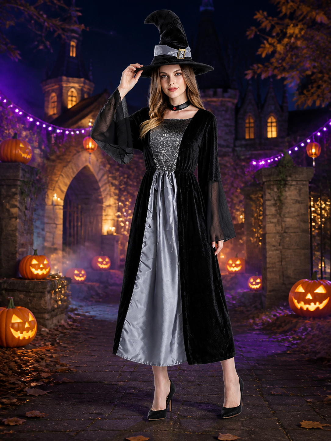Women's Gothic Witch Costume Set, Long Dress with Hat and Neck Accessory