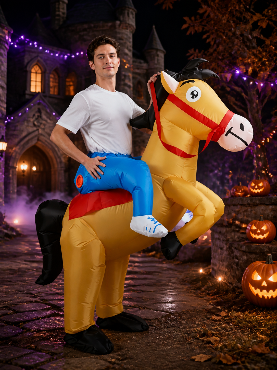Adult Inflatable Horse Costume, Funny Halloween Ride-On Outfit with Red Saddle Costumes detail