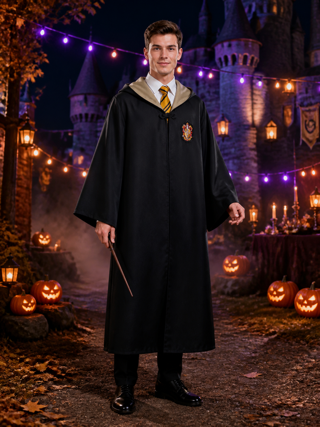 Hufflepuff Wizard Costume Set, Hooded Robe With Striped Tie, Cosplay Outfit Costumes detail 2