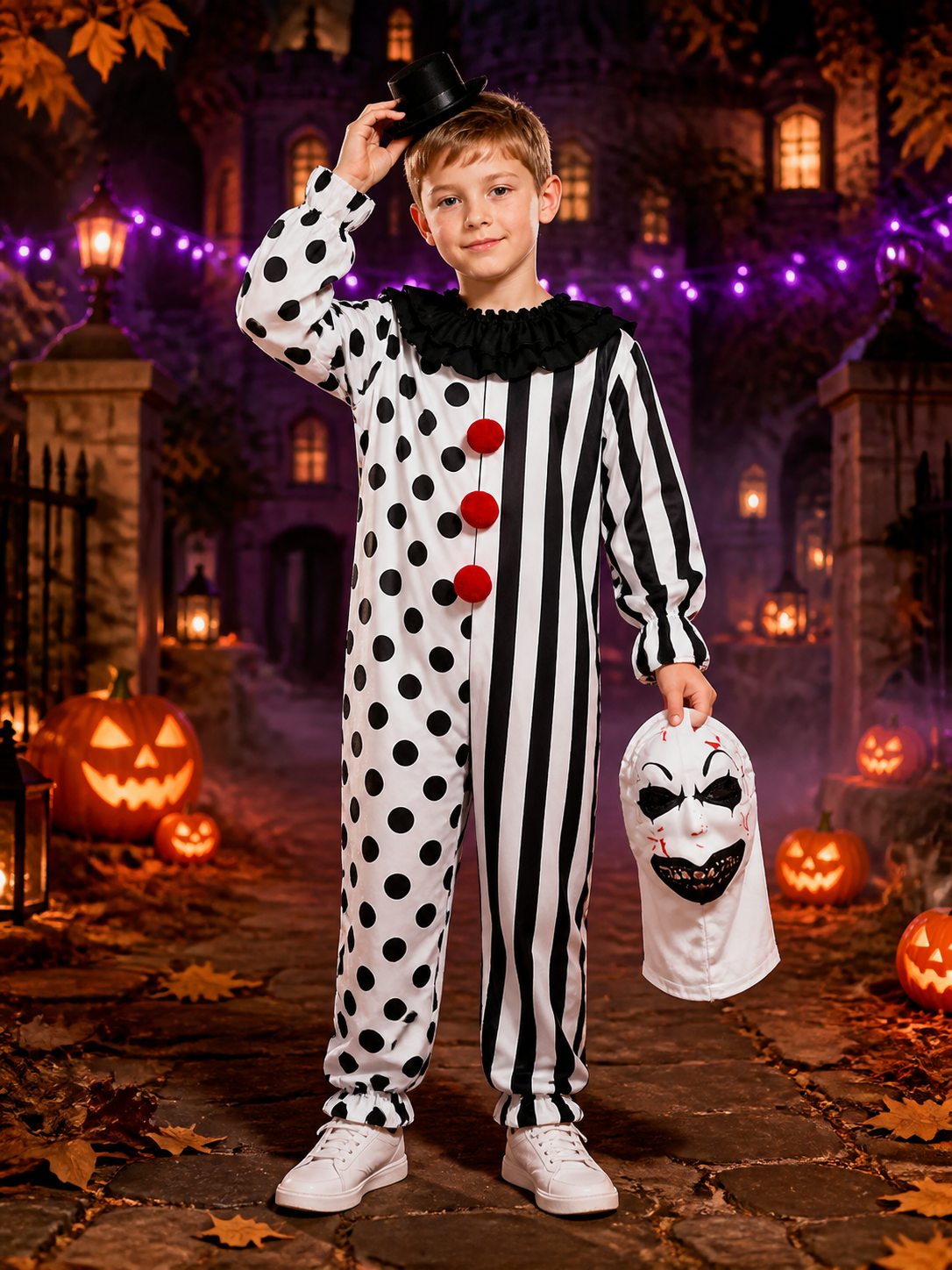 Kids' Clown Jumpsuit Costume with Mask & Hat, Black and White Polka Dot and Costume Masks detail 2