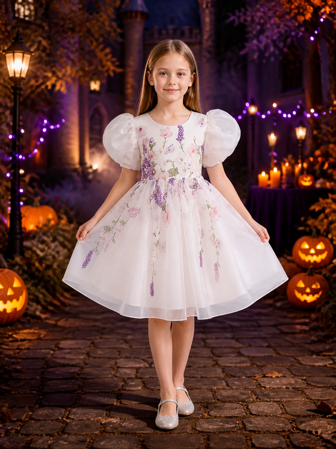 Toddler Girls' Floral Princess Dress, White Puff Sleeve Tulle Costume Costume Dresses detail 2