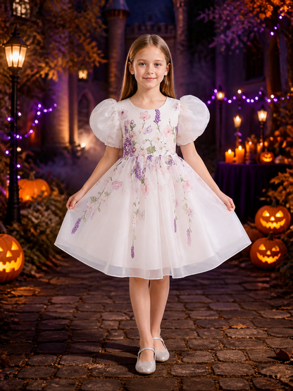 Toddler Girls' Floral Princess Dress, White Puff Sleeve Tulle Costume Costume Dresses detail 2