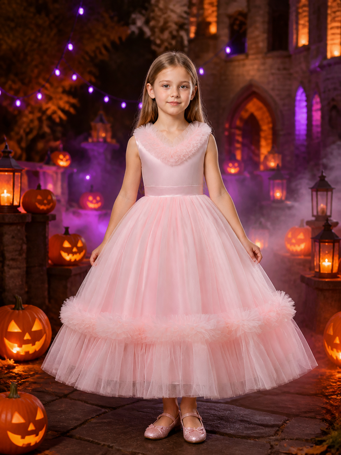 Girls' Pink Princess Formal Dress, Sleeveless V-Neck Ruffle Layered Tulle Gown