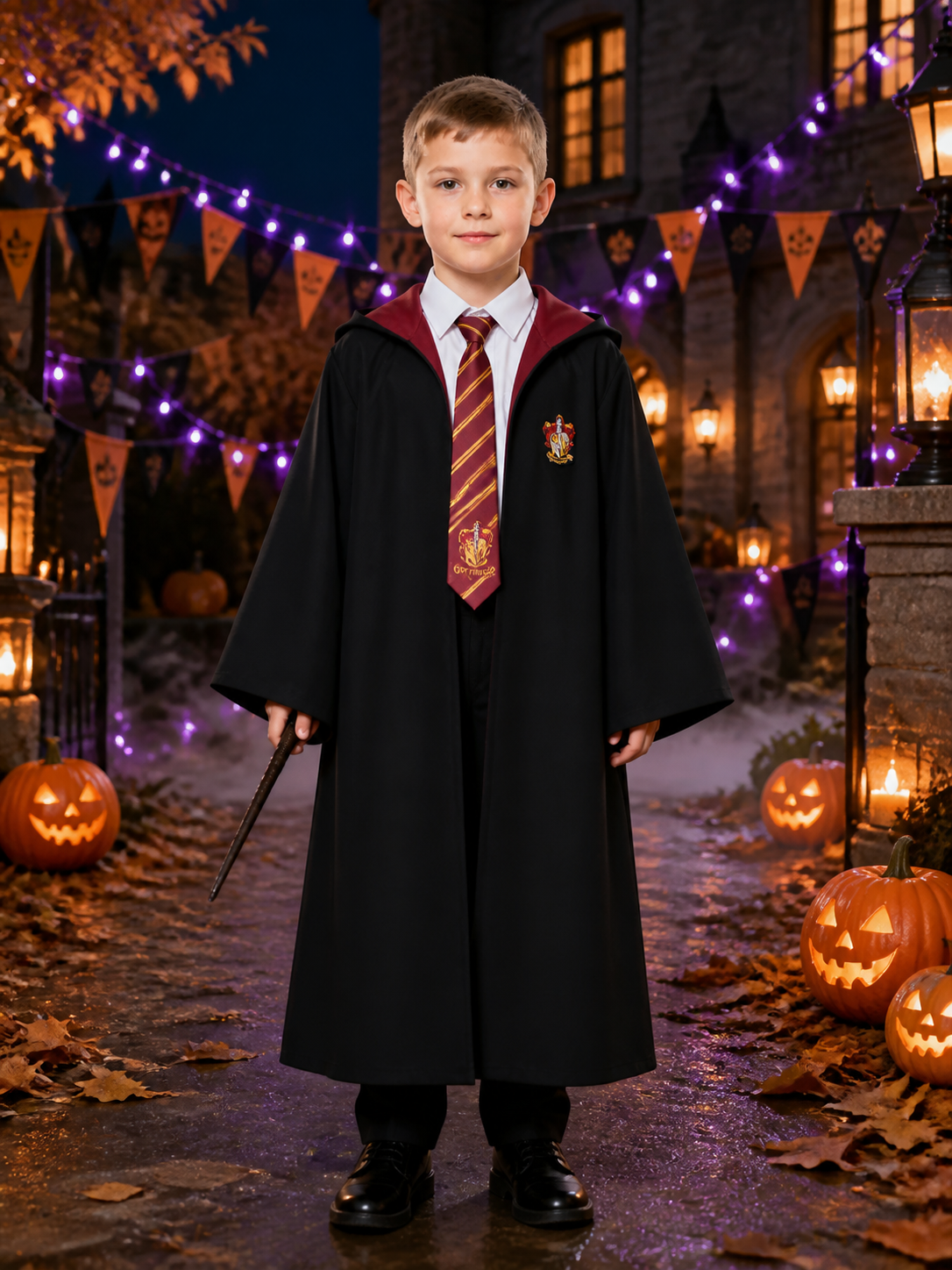 Hooded Wizard Robe Costume Set with Shirt and Striped Tie, Academy-Style Fantasy Costumes detail 2