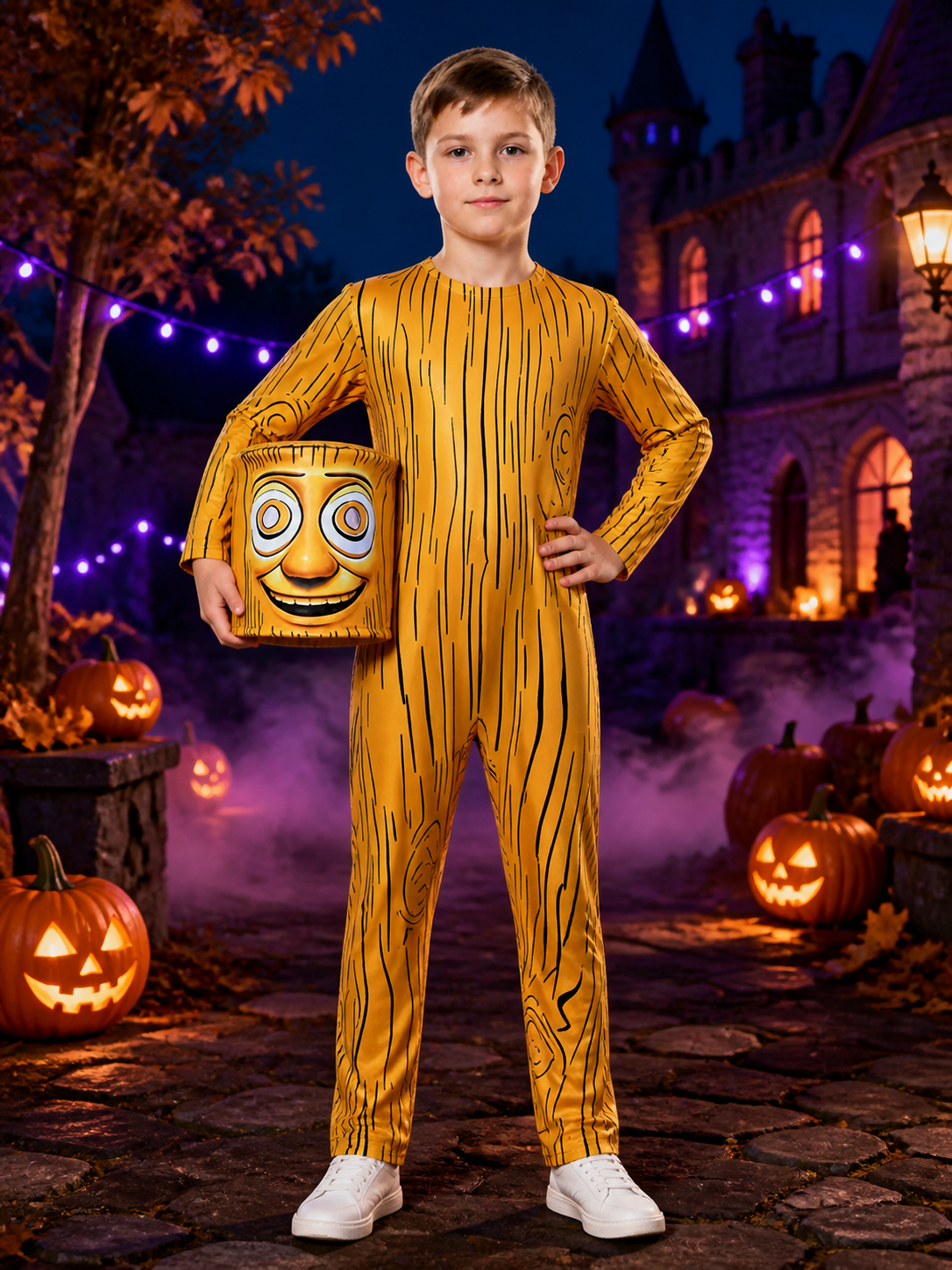 Yellow Wooden Man Halloween Costume Set, Wooden Grain Print Jumpsuit on-model Halloween scene view
