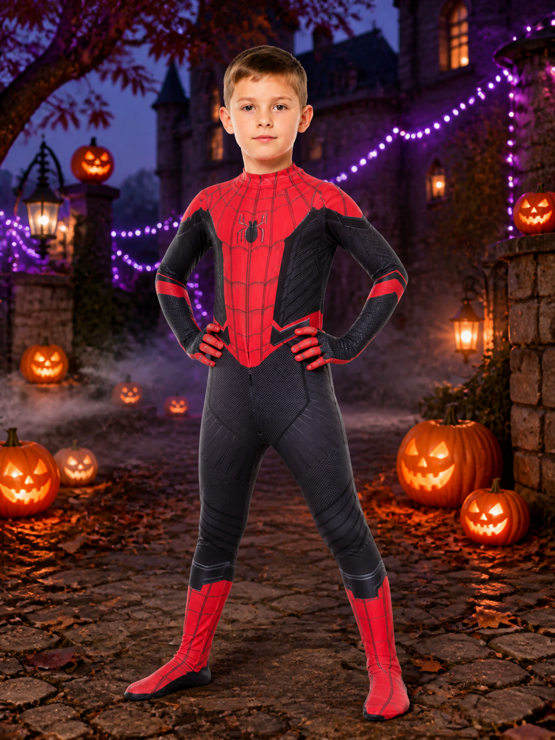 Kids Spider-Man Costume Jumpsuit, Red and Black Full-Body Suit with Mask