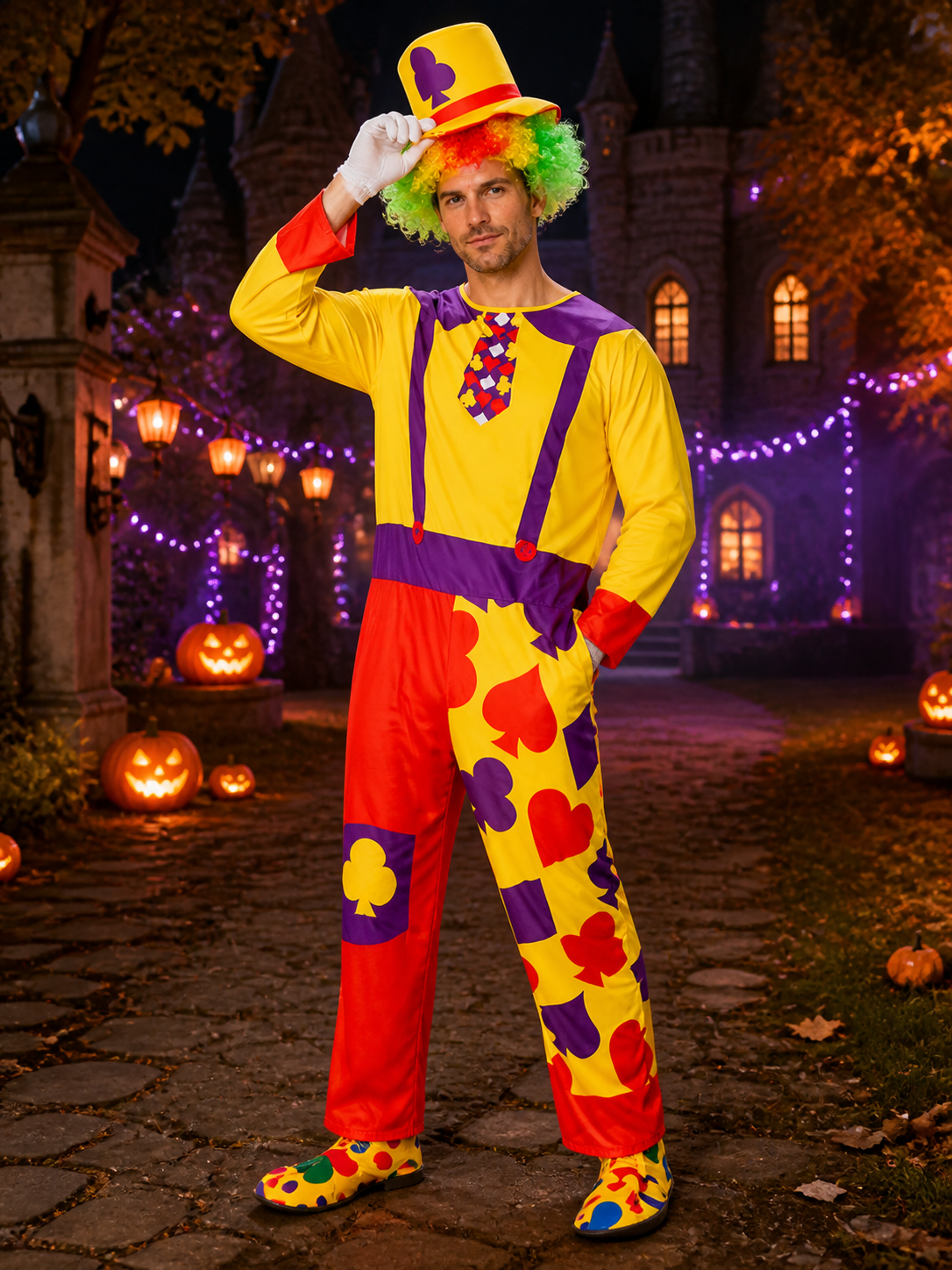 Adult Unisex Clown Jumpsuit Costume With Hat, Colorful Heart & Flower Print Costume Headwear detail 2