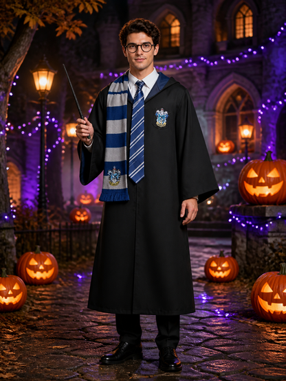 Ravenclaw Wizard Robe Costume Set with Tie, Scarf, Wand and Round Glasses Costume Accessories detail 2