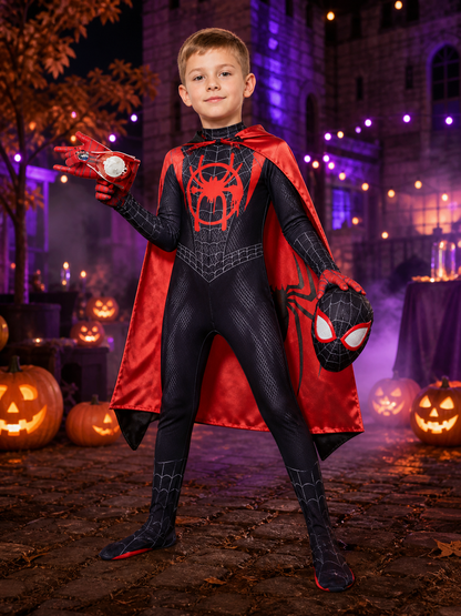 Kids Black Spider-Themed Bodysuit Costume With Hooded Mask, Cape And Props Costume Capes detail 2