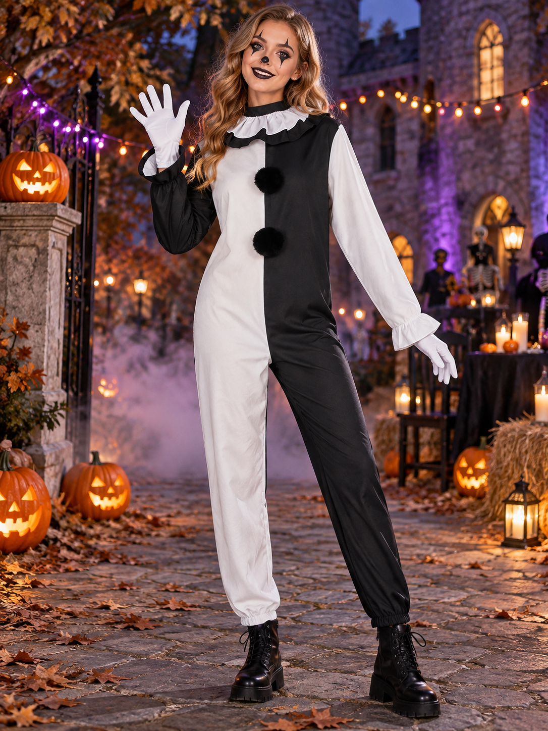 Black and White Clown Costume for Cosplay with Jabot and Gloves