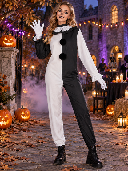 Black and White Clown Costume for Cosplay with Jabot and Gloves