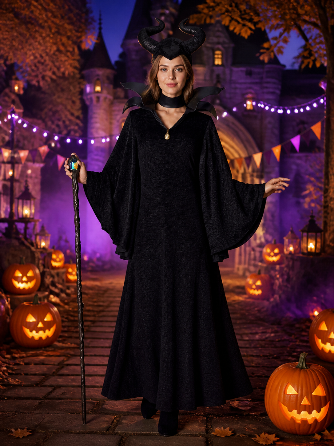 Maleficent-Inspired Halloween Costume, Black Hooded Robe With Bat-Wing Collar Costumes detail 2
