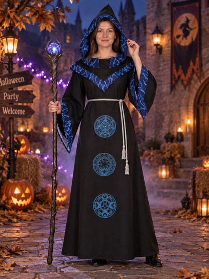 Black wizard robe with blue lightning bolts and a hood