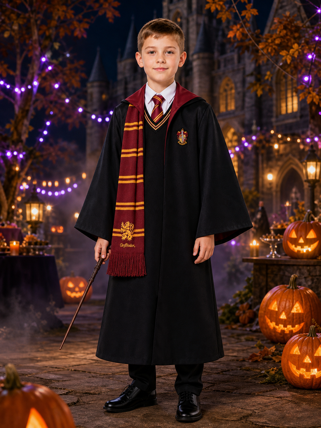 Hooded Wizard Robe Costume Set With Tie, Scarf, Shirt, Vest And Wand Costume Accessories detail 2