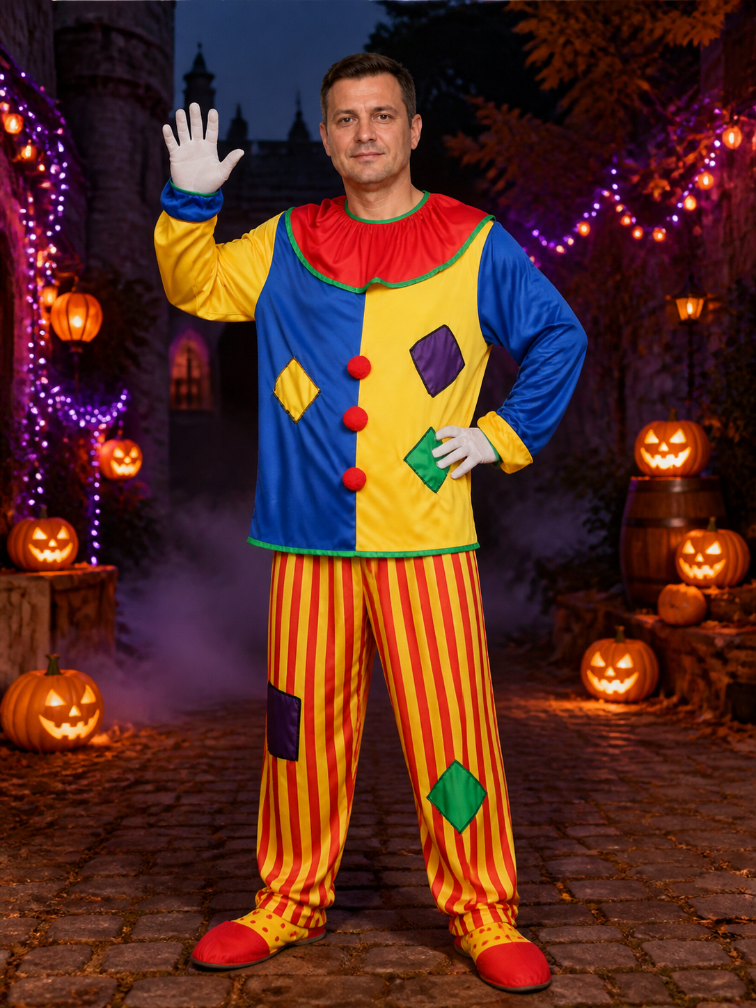 Adult Unisex Clown Costume Set, Colorful Striped Top and Pants, Circus Halloween Costumes detail 2
