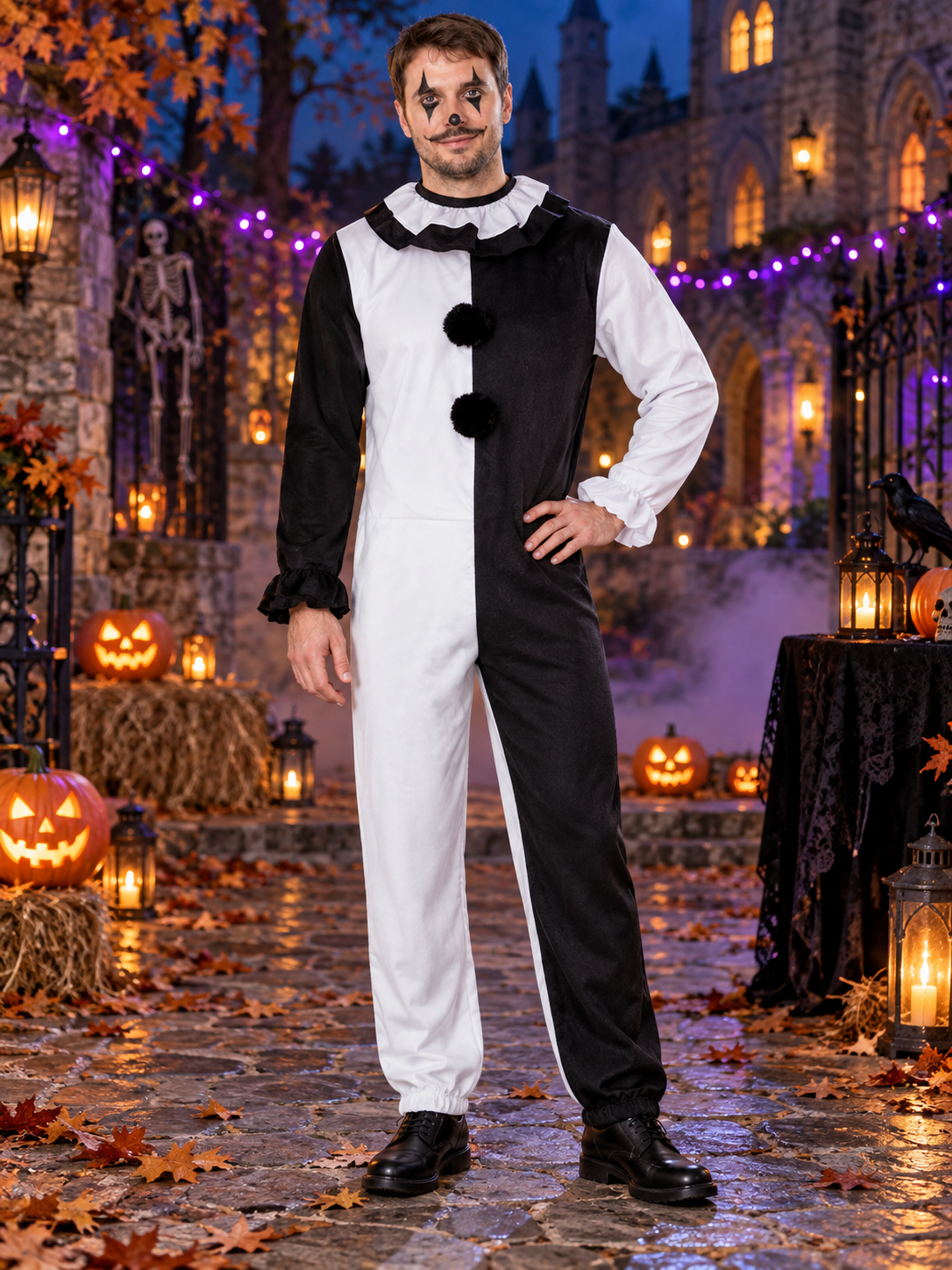 Black and White Clown Costume for Adults with Pom-Poms