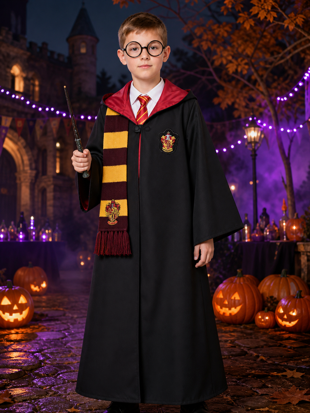 Kids Red and Yellow Hooded Wizard Robe Costume Set with Scarf, Tie, Glasses and Costumes detail 2