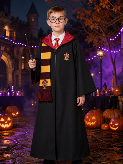 Kids Red and Yellow Hooded Wizard Robe Costume Set with Scarf, Tie, Glasses and Costumes detail 2