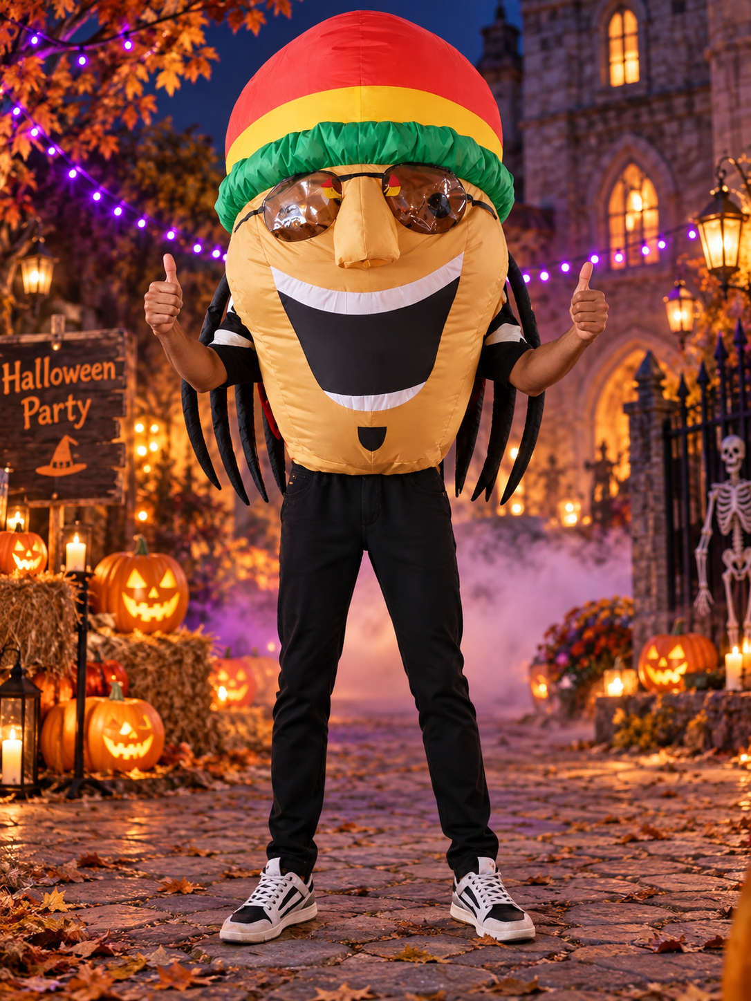 Inflatable carnival costume with fan, hat, and glasses