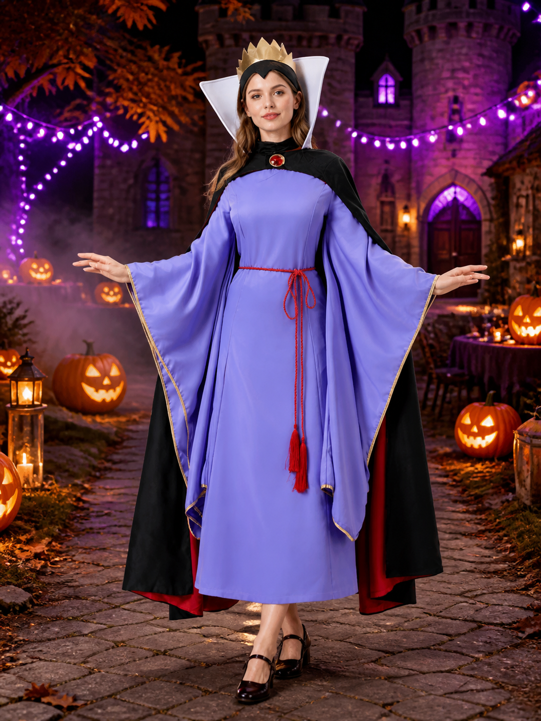Snow Queen Halloween Costume Set - Purple Long Dress with Black Cape, Gold Costume Dresses detail 2