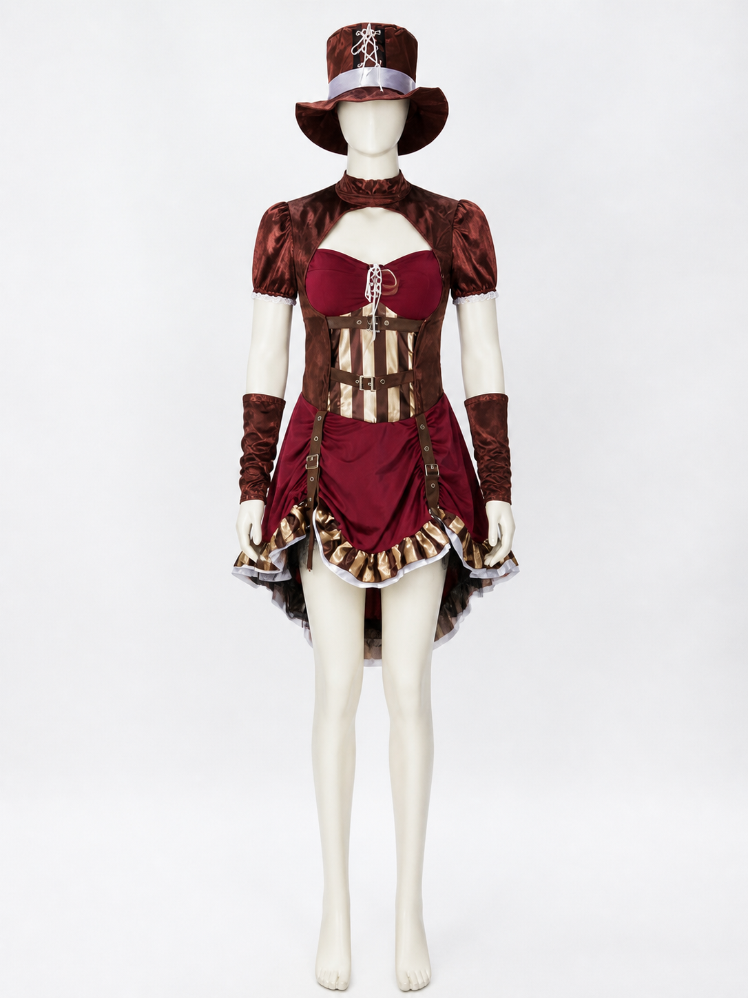 Pirate Costume Set With Dress, Hat And Sleeves, Burgundy And Brown Costume Dresses detail 2