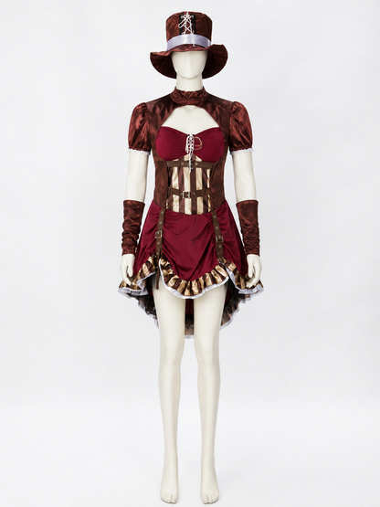 Pirate Costume Set With Dress, Hat And Sleeves, Burgundy And Brown Costume Dresses detail 2