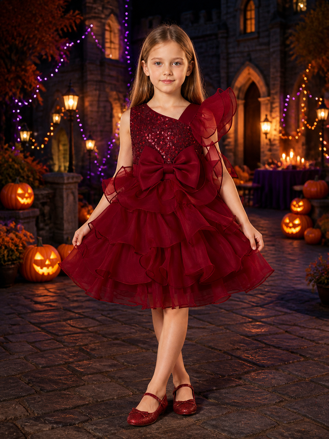 Toddler Girls' Maroon Princess Dress with Sequins, Bow, and Layered Ruffle Skirt Costume Dresses detail 2