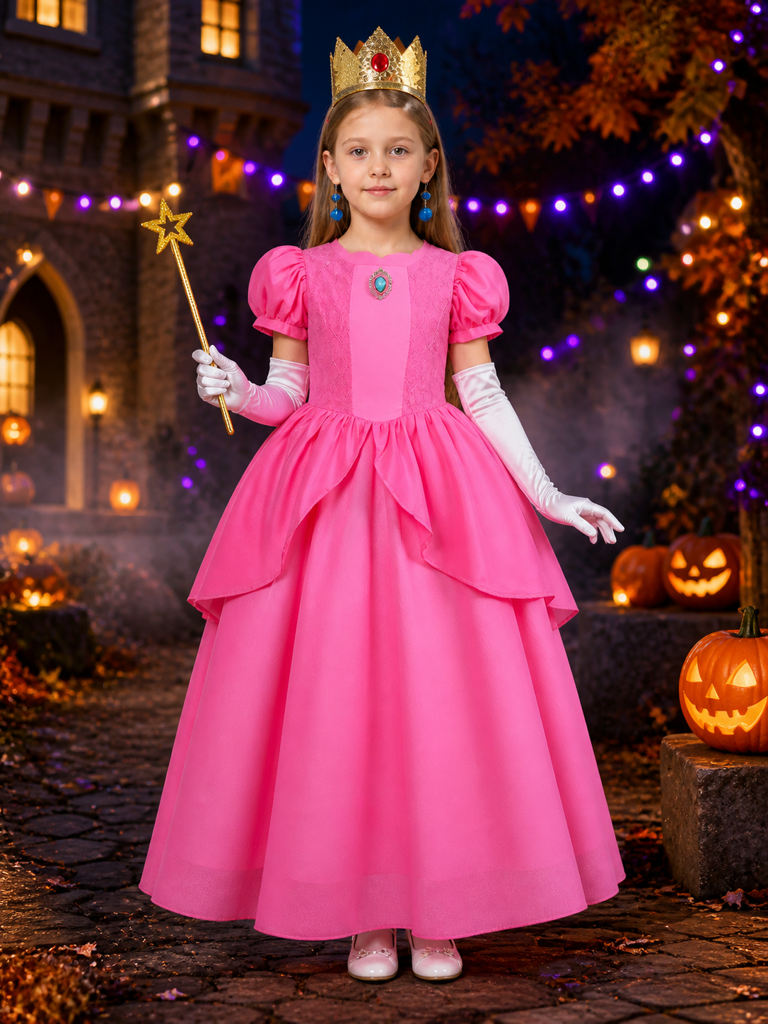 Girls Princess Peach Puffy Sleeve Costume Set with Crown and Wand for Halloween Costume Headwear detail 2