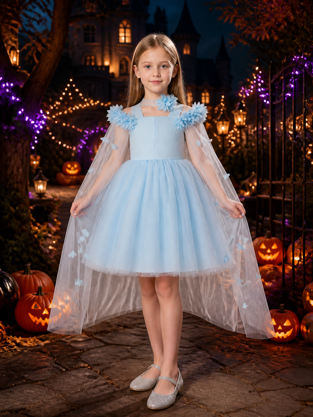 Girls' Light Blue Princess Dress, Off-Shoulder Floral Tulle Party Gown, Sizes Costume Dresses detail 2