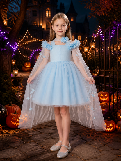 Girls' Light Blue Princess Dress, Off-Shoulder Floral Tulle Party Gown, Sizes Costume Dresses detail 2
