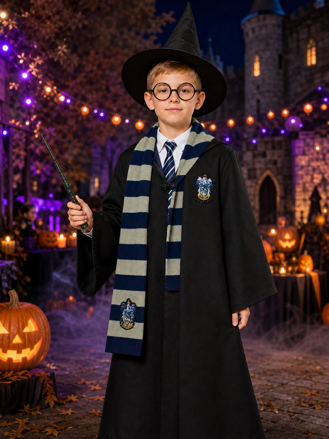 Black Wizard Robe Costume Set with Hat, Glasses, Wand, Scarf, Shirt and Tie Costume Headwear detail 2