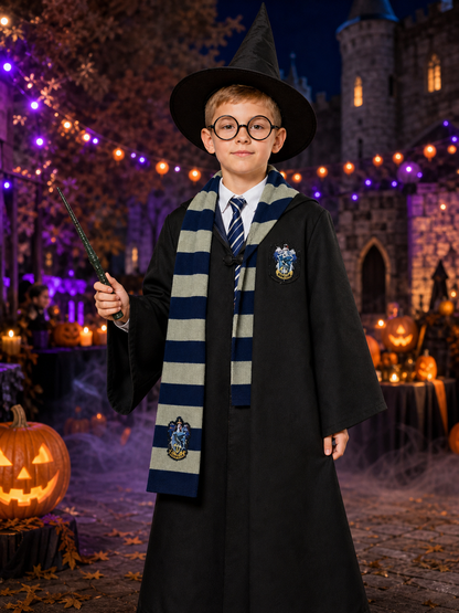 Black Wizard Robe Costume Set with Hat, Glasses, Wand, Scarf, Shirt and Tie Costume Headwear detail 2