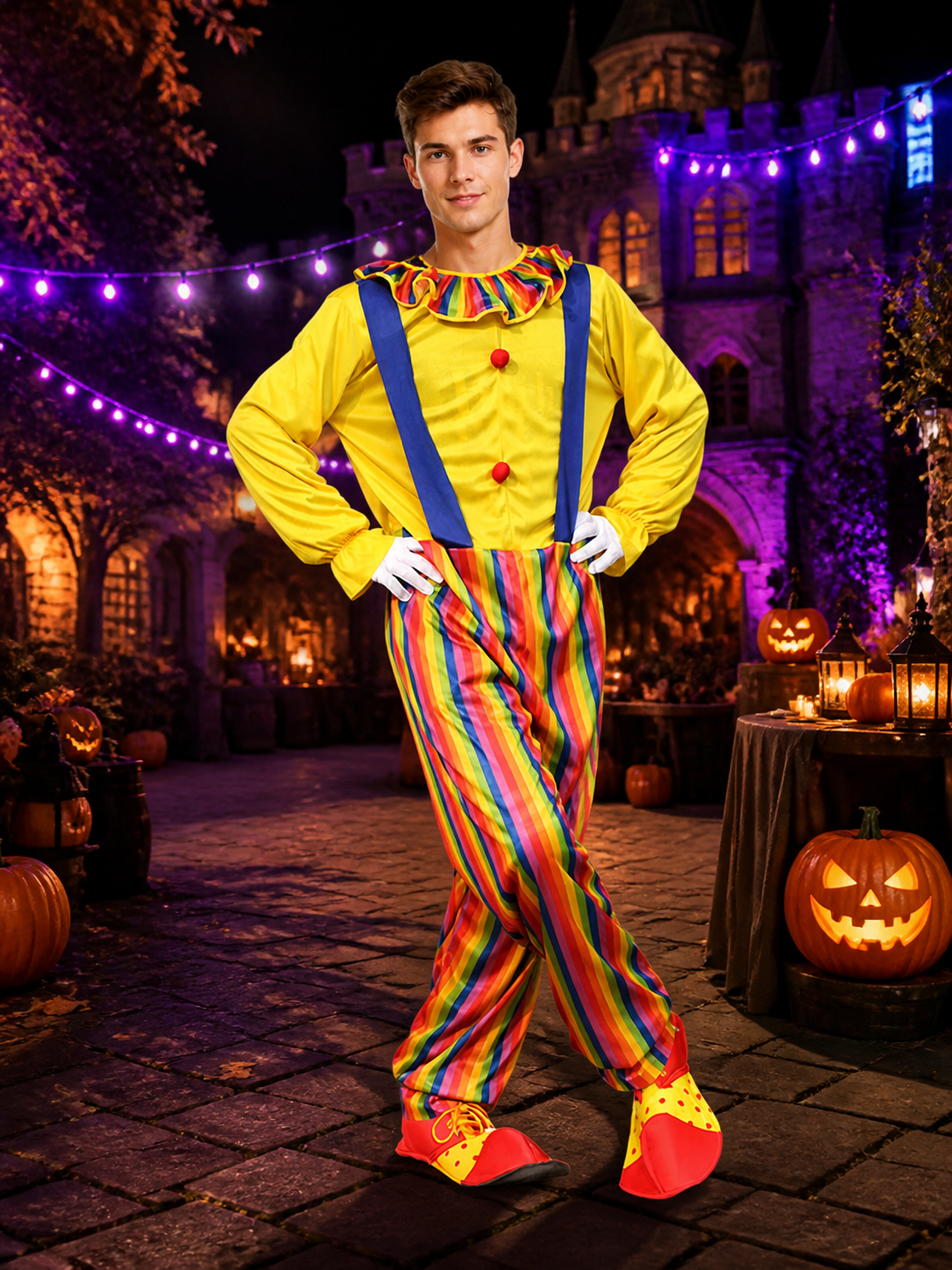 Adult Clown Jumpsuit Costume, Colorful Striped Halloween Outfit with Suspenders Costumes detail 2
