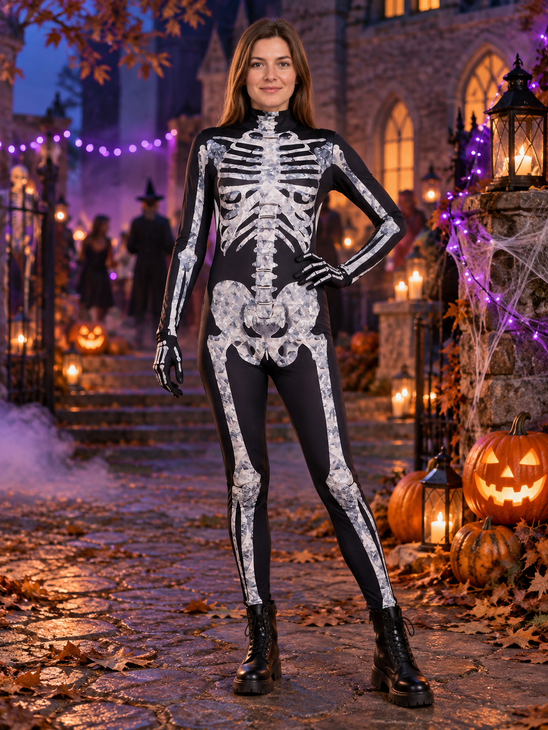 Black and White Skeleton Costume with Print and Stand Collar