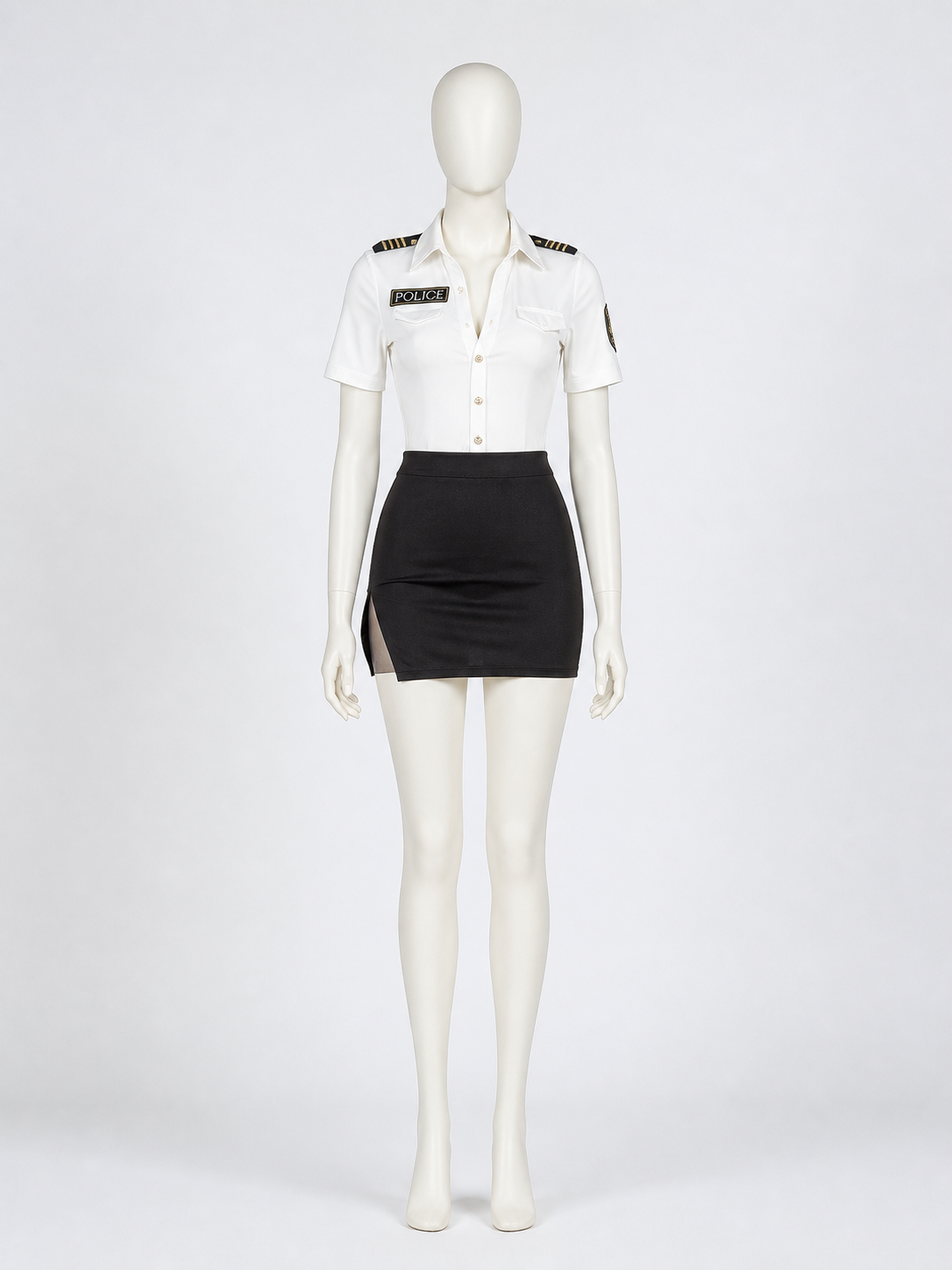 Police Officer Halloween Costume Set - White Top & Black Skirt with Badge, Gold Costumes detail 2