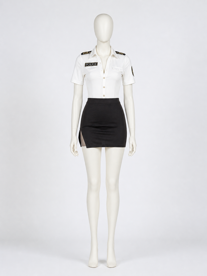 Police Officer Halloween Costume Set - White Top & Black Skirt with Badge, Gold Costumes detail 2
