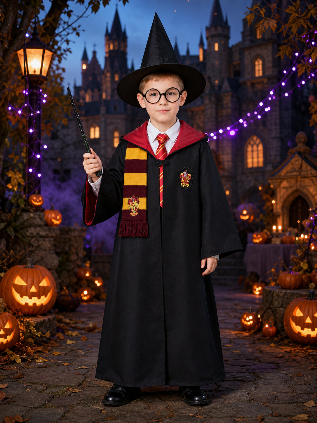 Kids Magic Wizard Robe Costume Set With Hat, Wand, Glasses, Scarf, Tie And Shirt Costume Headwear detail 2