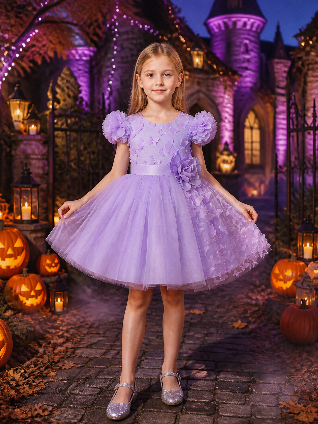 Girls' Light Purple Butterfly Princess Dress, 3D Flower Mesh Tutu Outfit Costume Dresses detail 2