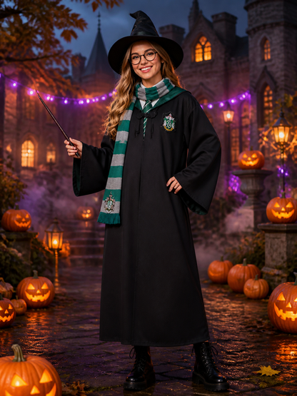 Slytherin Wizard Costume Set, Hooded Cloak with Scarf, Tie, Hat, Glasses & Wand Costume Capes detail 2