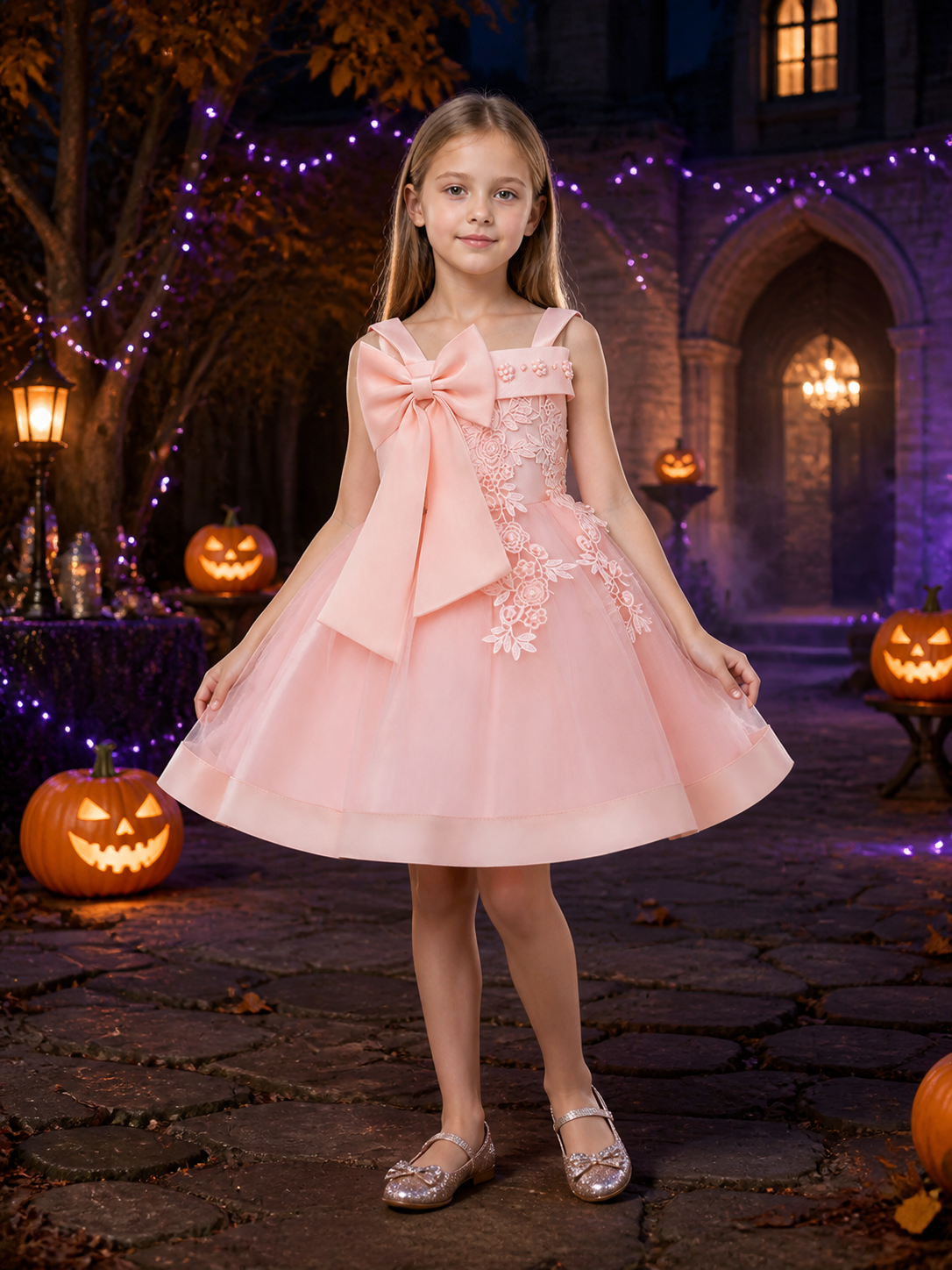 Girls' Princess Party Dress, Layered Tulle Skirt with Bow and Lace Embroidery Costume Dresses detail 2