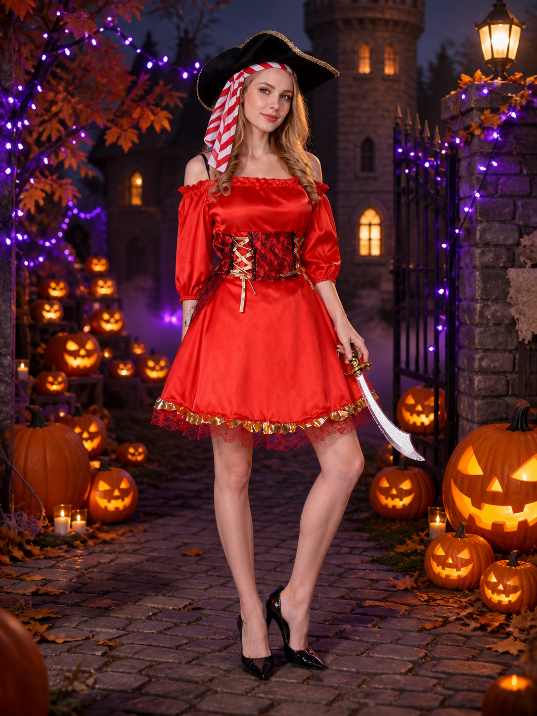 Women's Pirate Captain Halloween Costume Set, Red Off-Shoulder Dress With Hat