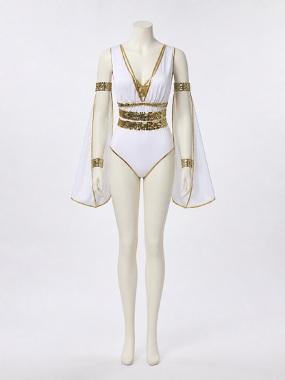 Athena Greek Goddess Halloween Costume Bodysuit Set With Gold Sequins And Deep Costumes detail 2