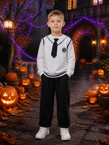 Wizard School Costume Set for Kids, White Sailor Collar Long Sleeve Top & Black Costumes detail 2