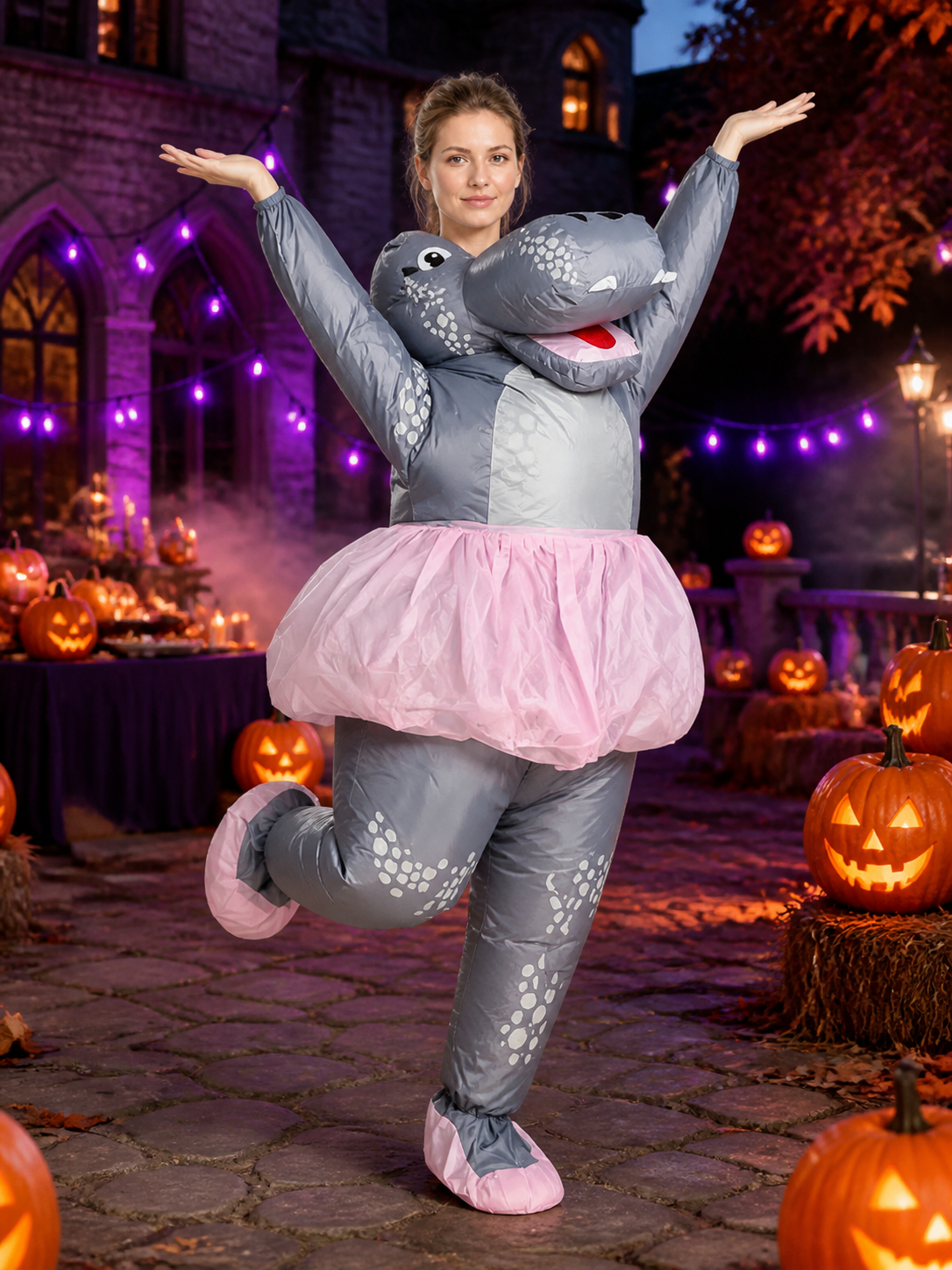 Dinosaur Inflatable Costume with Pink Skirt and White Spots, Funny Halloween Costumes detail 2