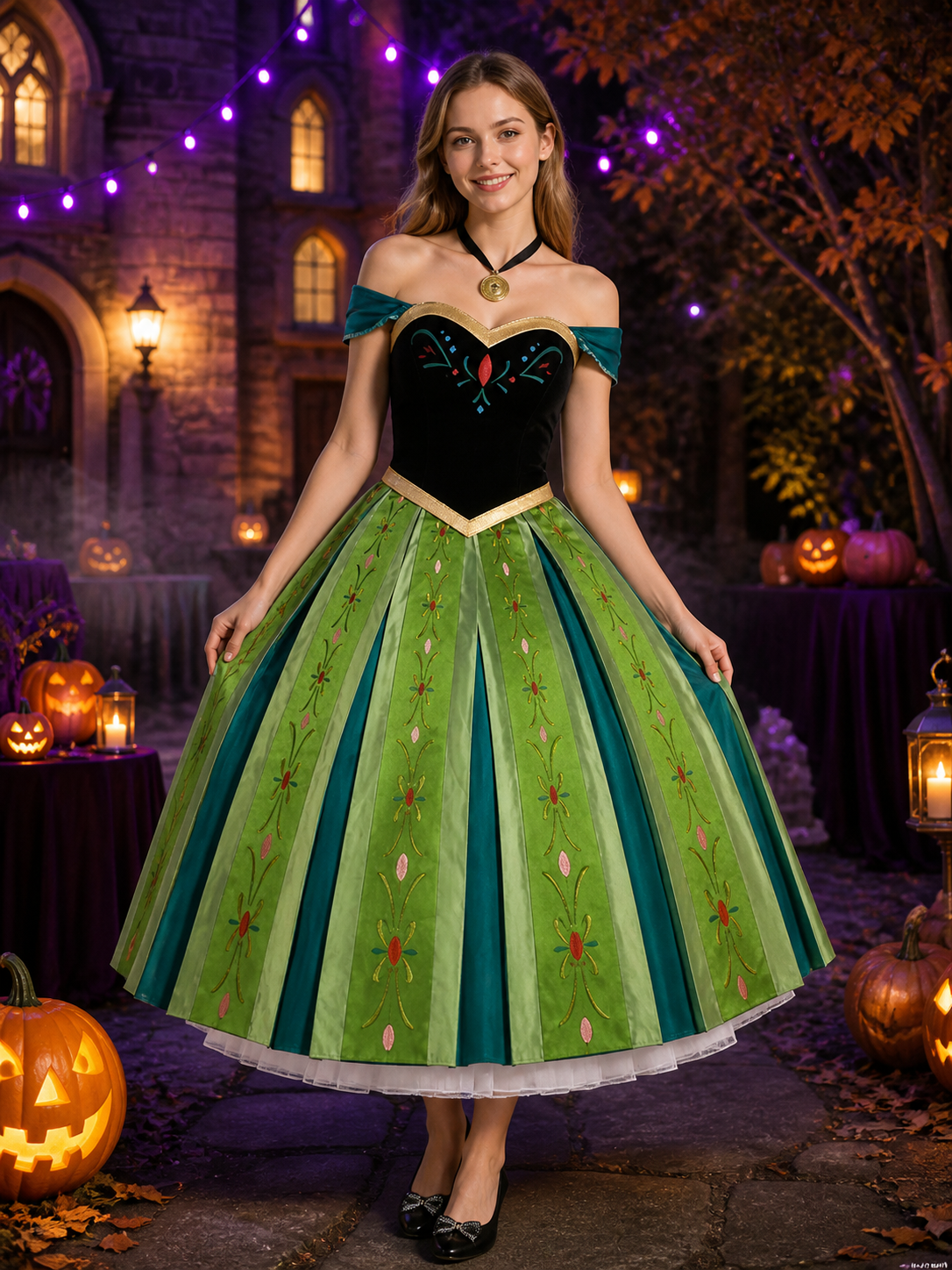 Adult Anna Cosplay Costume Set, Embroidered Green Vest And Skirt With Necklace Costumes detail 2