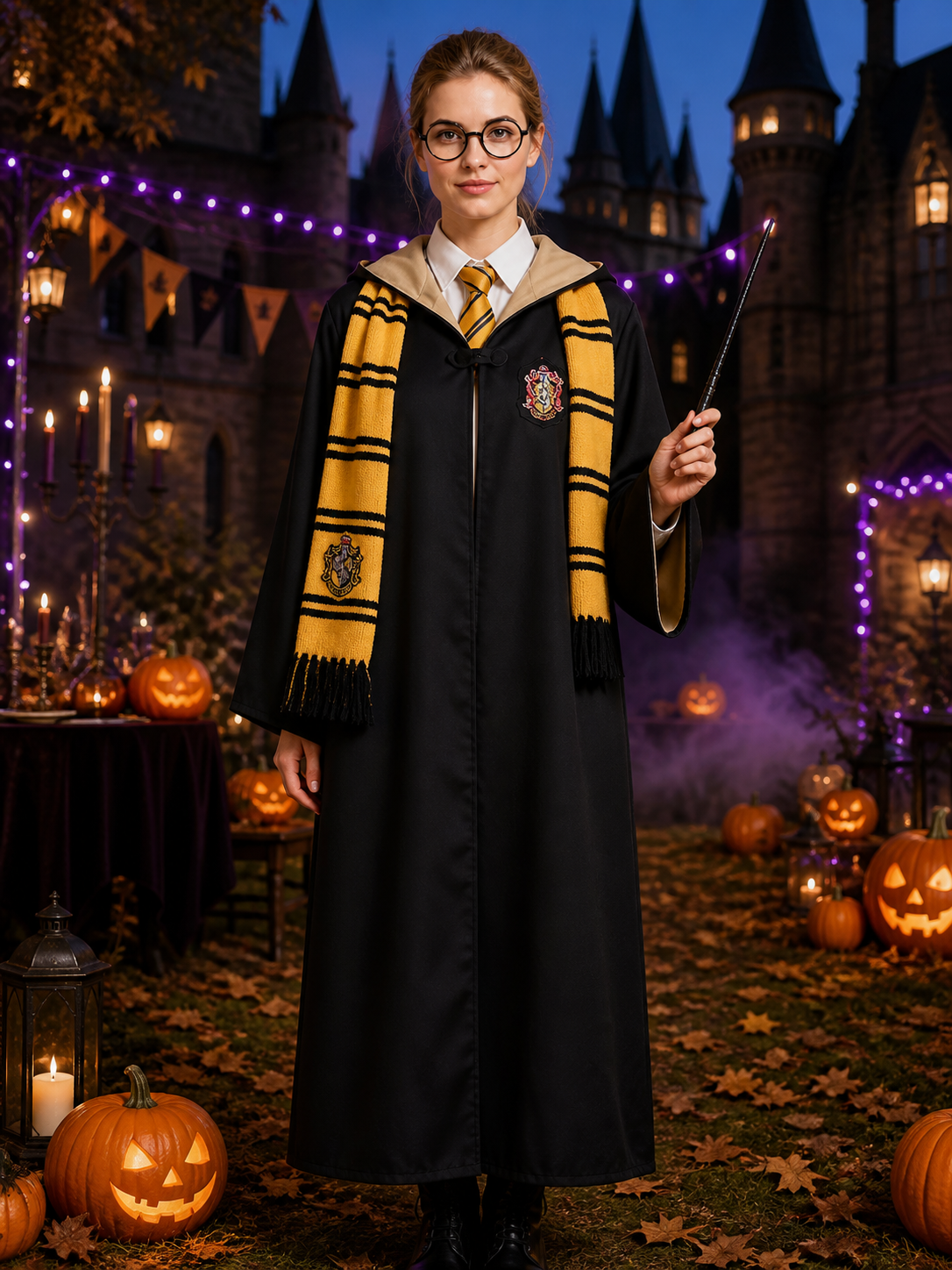Kids Wizard Robe Hooded Costume Set with Tie, Scarf, Glasses & Wand - Yellow and Costume Accessories detail 2