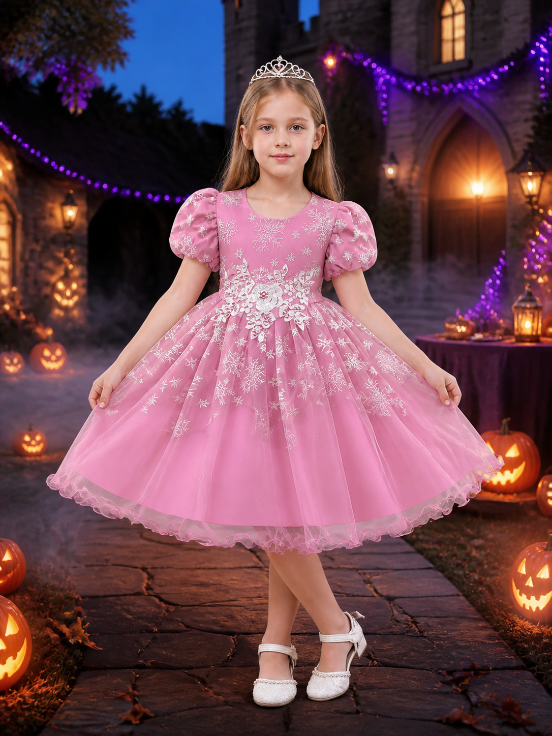 Girls' Snowflake Princess Dress, Puff Sleeves, Layered Tulle Skirt Costume Dresses detail 2